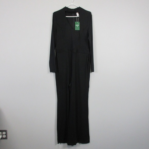 Halara Long Sleeve Jumpsuit Women L Black V Neck Wide Leg Modern Casual 562 - Picture 1 of 11